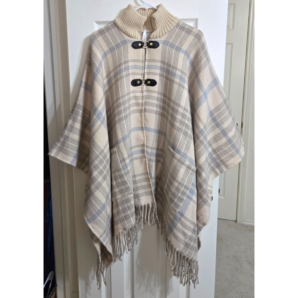 Women's Poncho Astor Ruana 1 size fits all Beige/White Blue Plaid NWT